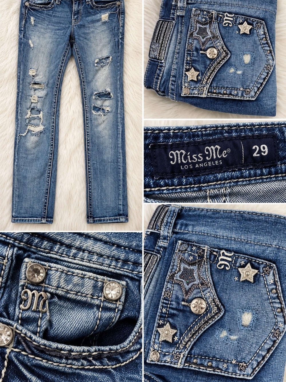 Miss Me Embellished Distressed Skinny Jeans in Medium Blue